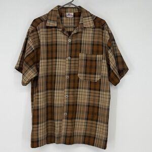 Vintage Dandy USA Mens Brown Plaid Short Sleeve Button Up Shirt Made in USA 90s
